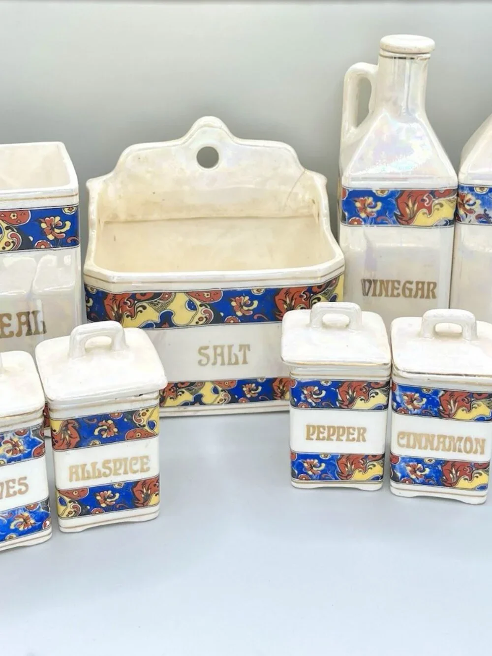 Antique 1930s Czechoslovakia Lusterware Kitchen Canister Spice Set Iridescent